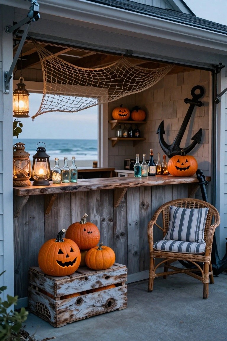 Dimly lit interior with a round stone-top table on metal base surrounded by stacked cinder block stools, one holding a skull, black drapes over arched stained glass door and window, multiple candelabras, potted plants, wooden cabinet, leather bench, and skull props.