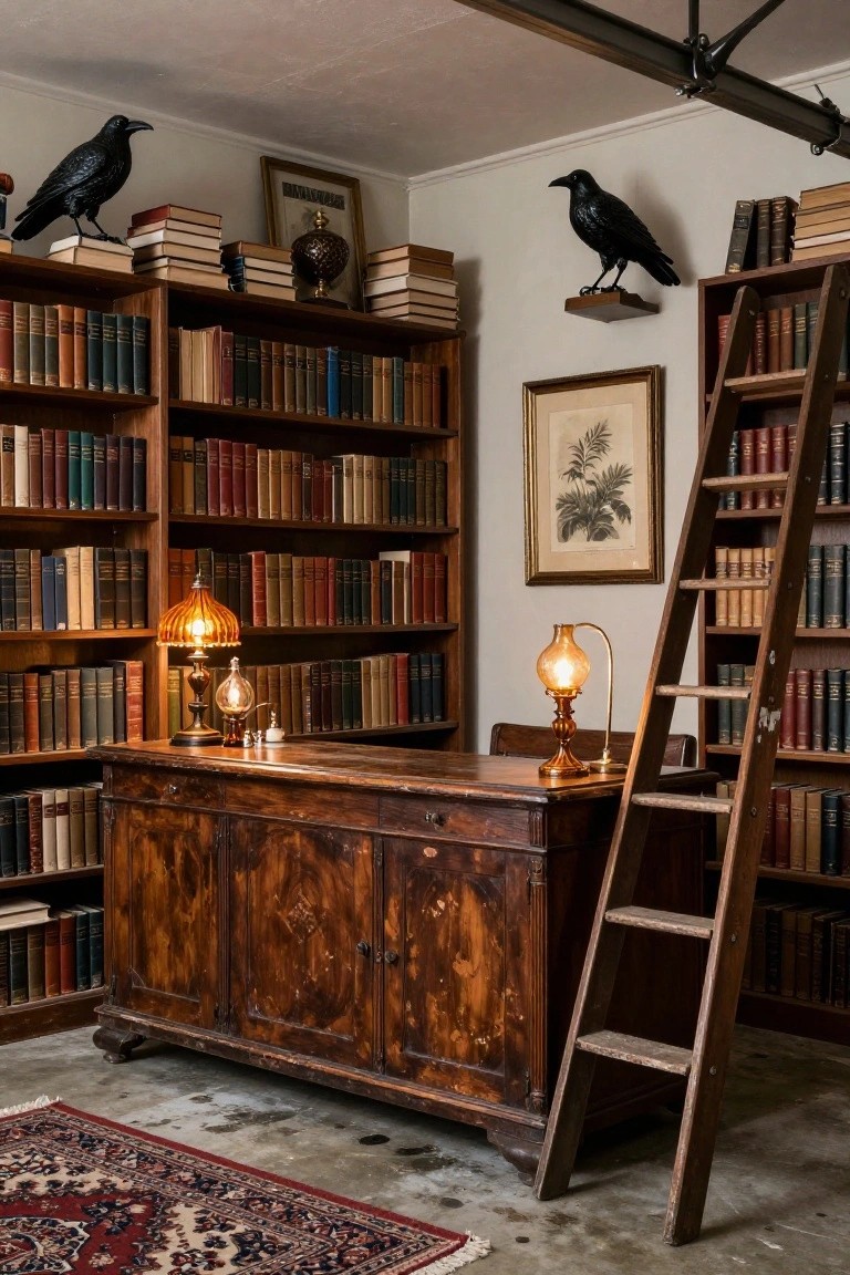 Black-walled garage interior styled as a bar with checkered tile floor, wooden bar counter holding glass decanters, vintage black-and-white movie posters on walls, hanging Edison bulbs, pampas grass in a vase, white pumpkins, and a carved orange pumpkin near a stool.