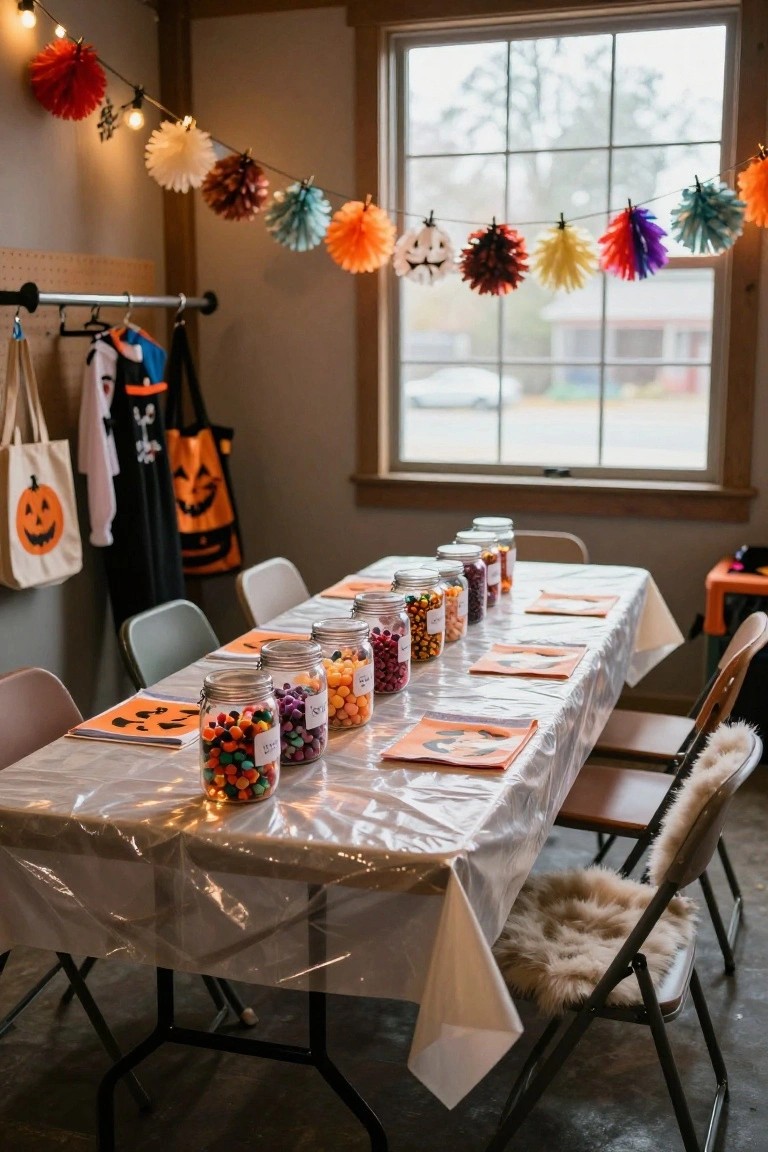 Dimly lit indoor bar area with wooden bar top, black swivel stools, black-and-white checkered floor, large orange retro jukebox claw machine filled with candies next to the bar, and various carved pumpkins and Halloween decorations throughout the space.