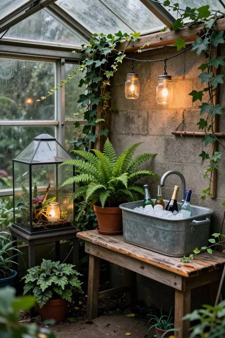 Wooden bar counter with stools in a covered outdoor garage area decorated for Halloween with orange pumpkins, moss-covered gourds, hanging dried herbs, lanterns, apothecary bottles on shelves, and a brass scale on cobblestone pavement.