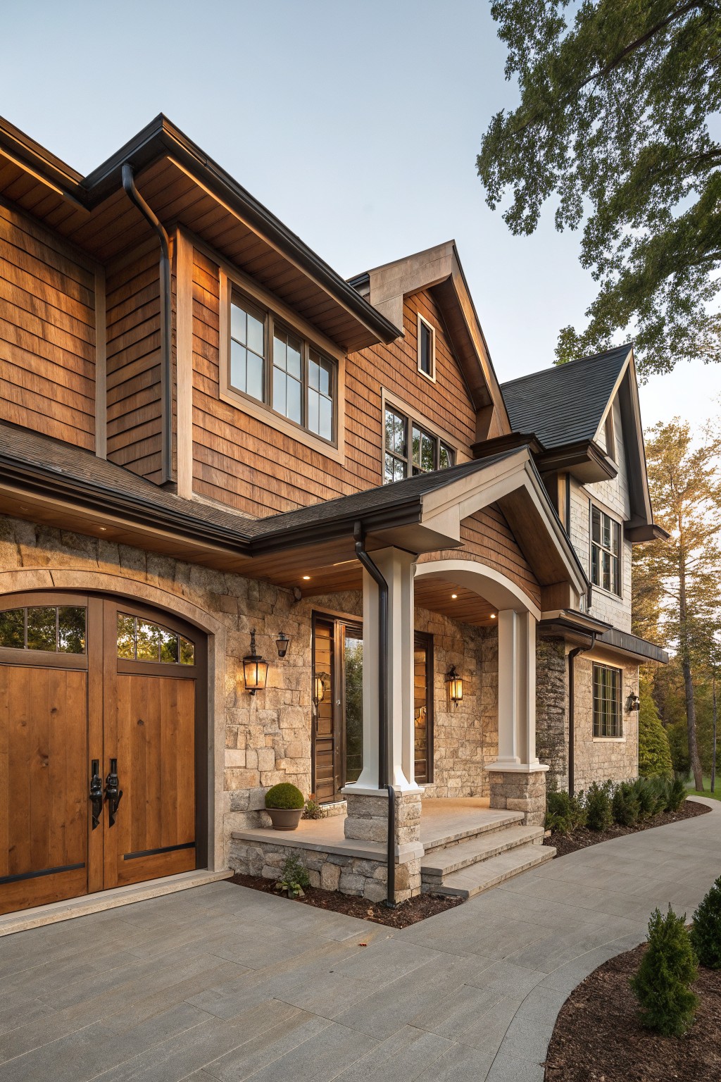 A two-story house exterior with brown wood shingle siding, light gray stone foundation and accents, arched wooden garage doors, covered entry porch with columns, and surrounding landscaping.