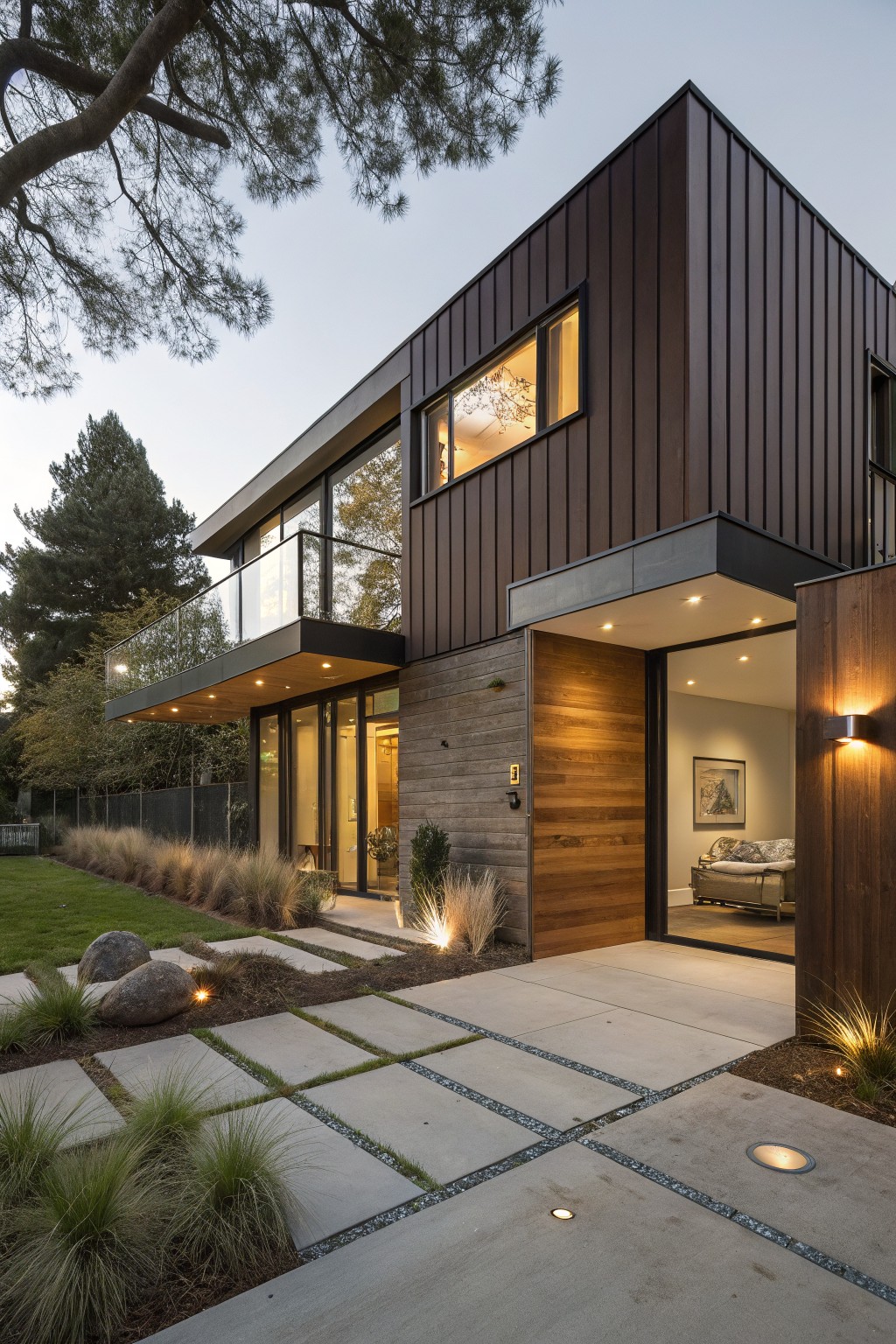 Modern house exterior at dusk featuring dark brown vertical metal siding on the corner, wood entry door and siding, glass balcony above, concrete paver pathway, ornamental grasses, and landscape lighting.