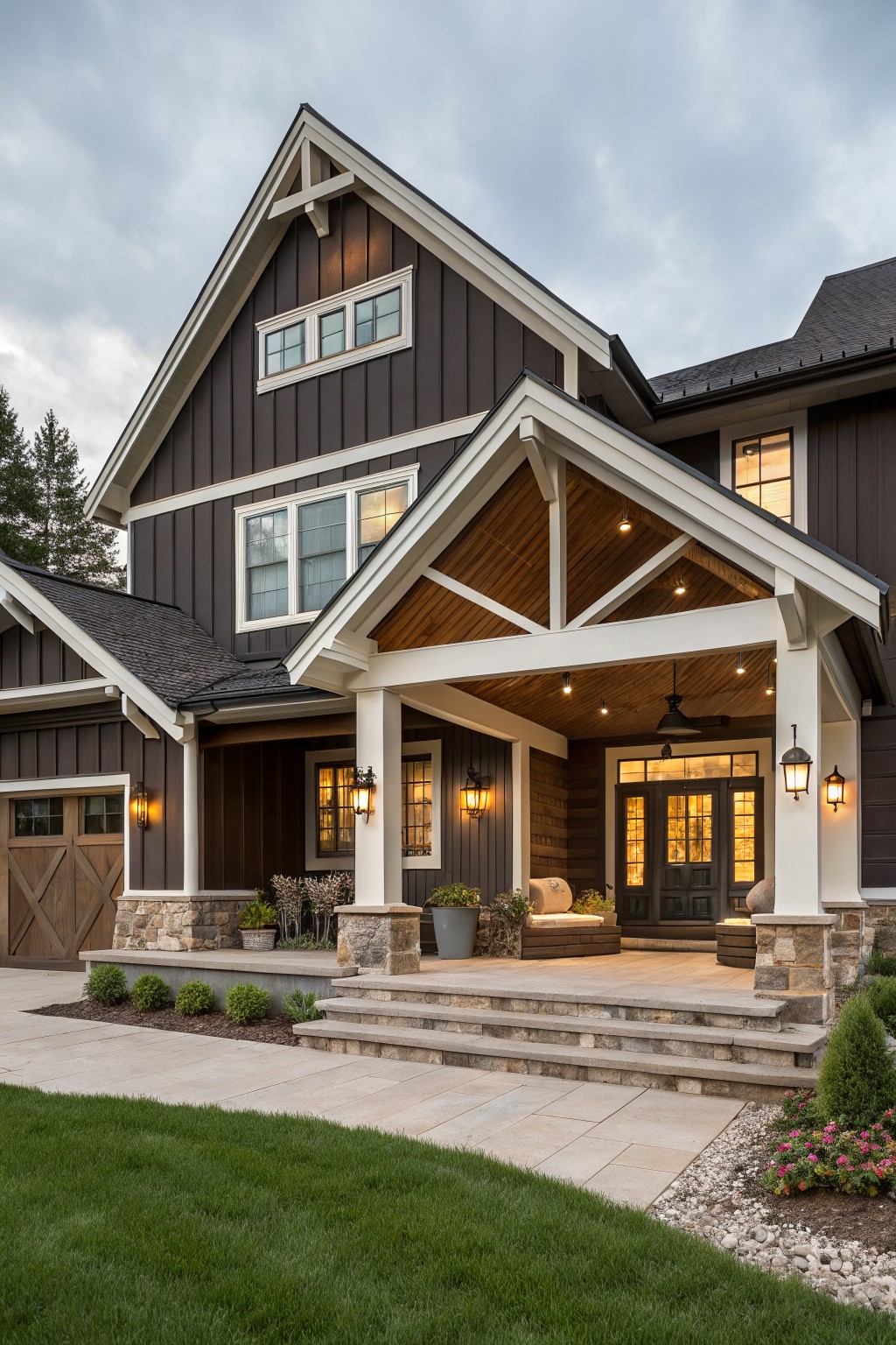 Two-story house exterior with dark brown vertical siding, white trim around windows and gables, covered front porch with wooden ceiling and stone pillars, garage door, steps, and landscaping.