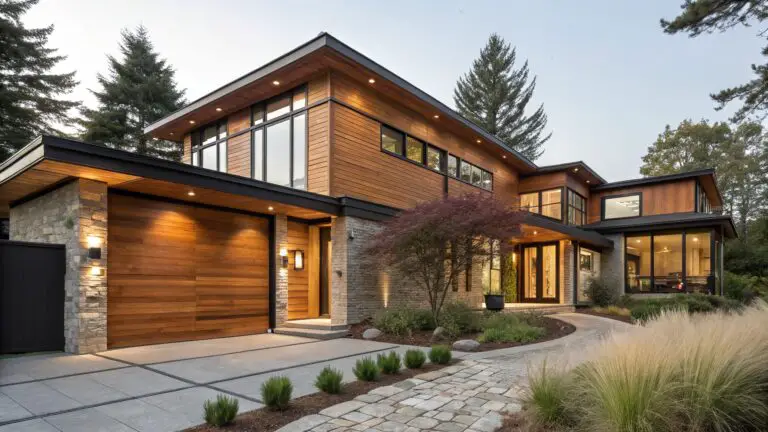 Modern two-story house exterior with horizontal warm-toned wood siding, black-framed windows, stone accents at the entry and garage door, surrounded by paver walkway, grasses, rocks, and trees.