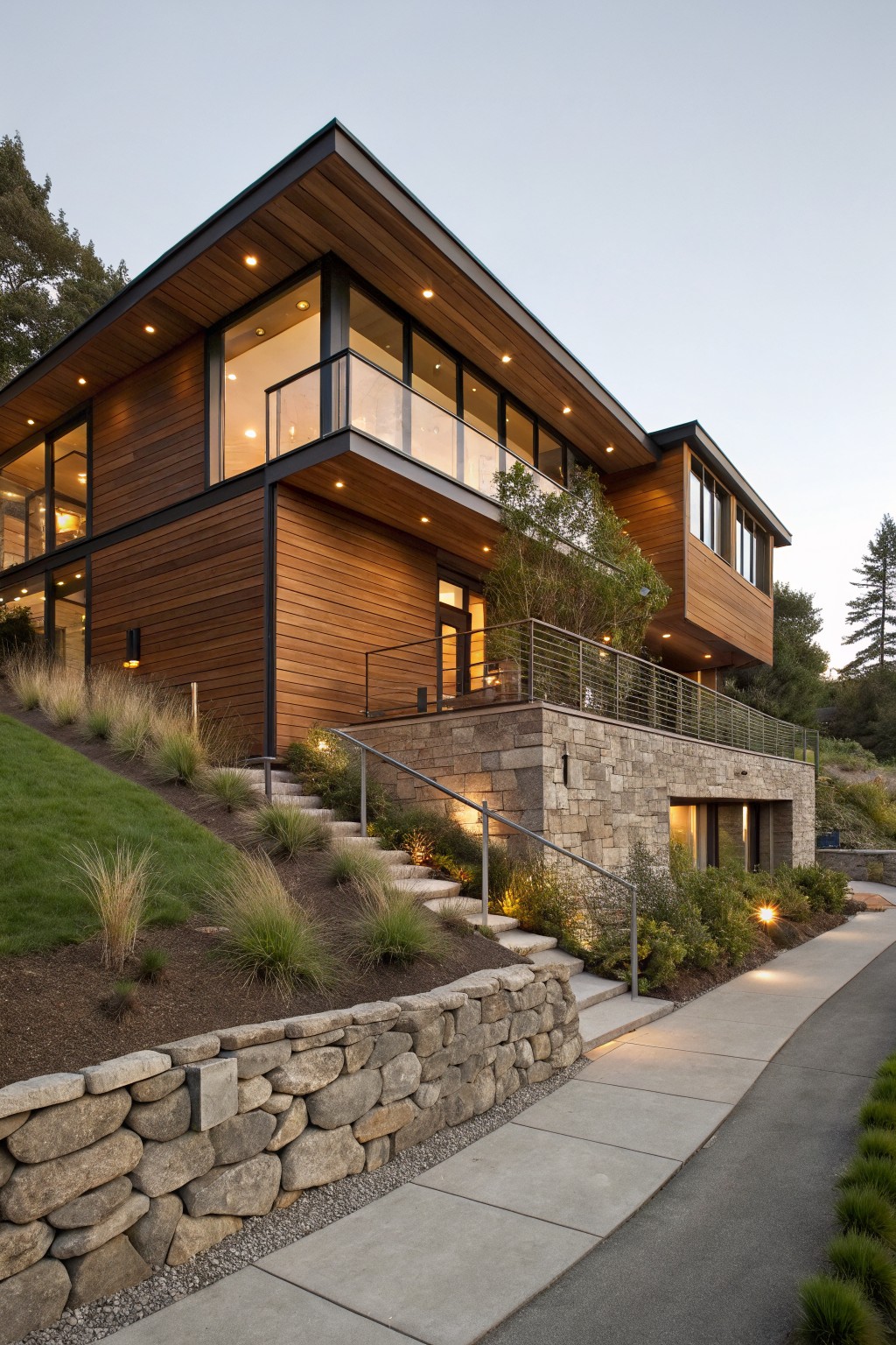 Modern two-story house with horizontal brown wood siding, black metal roof edges and window frames, large glass windows, stone retaining wall with steps, ornamental grasses, and a concrete path on a grassy slope at dusk.