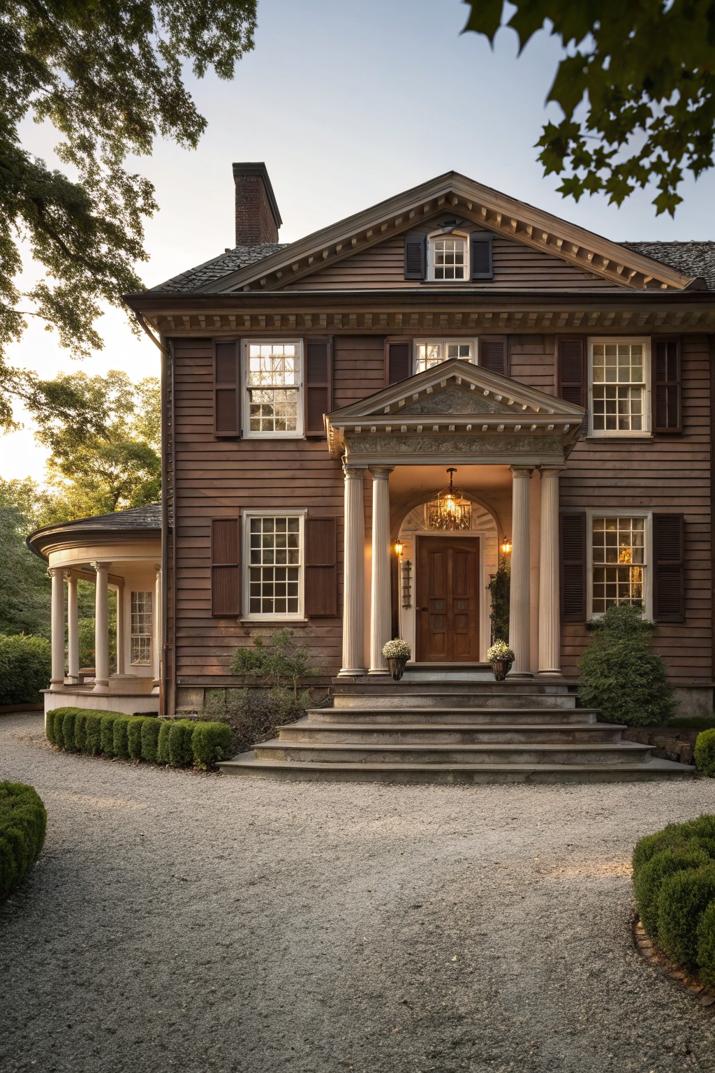 Two-story brown shingle house with white columned portico, wooden front door, lanterns, potted plants on steps, boxwoods, trees, and gravel driveway in evening light.