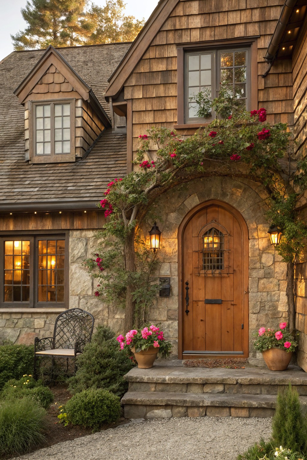 Brown shingle-sided house exterior featuring a stone arched entryway with wooden door, climbing red roses, iron lanterns, potted pink flowers, a wrought iron bench, and steps leading to gravel path.