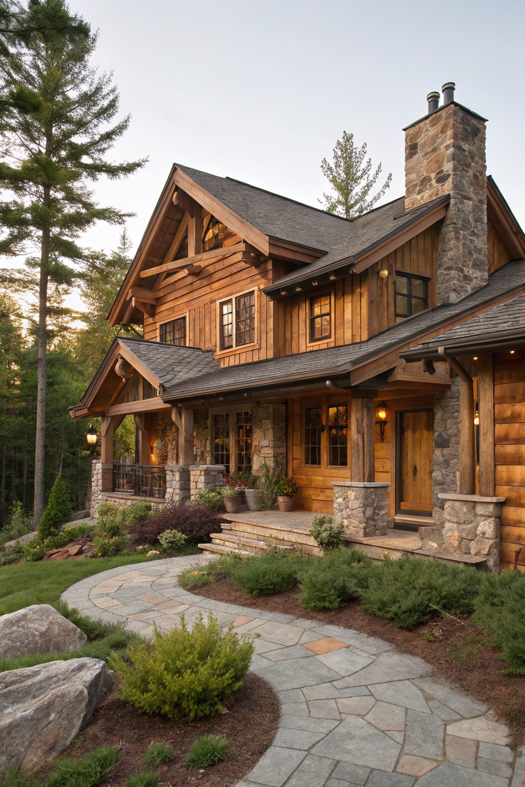 A two-story log cabin house with warm brown wood siding, tall stone chimney, covered front porch, and a curving flagstone pathway leading through landscaped shrubs and rocks surrounded by pine trees.