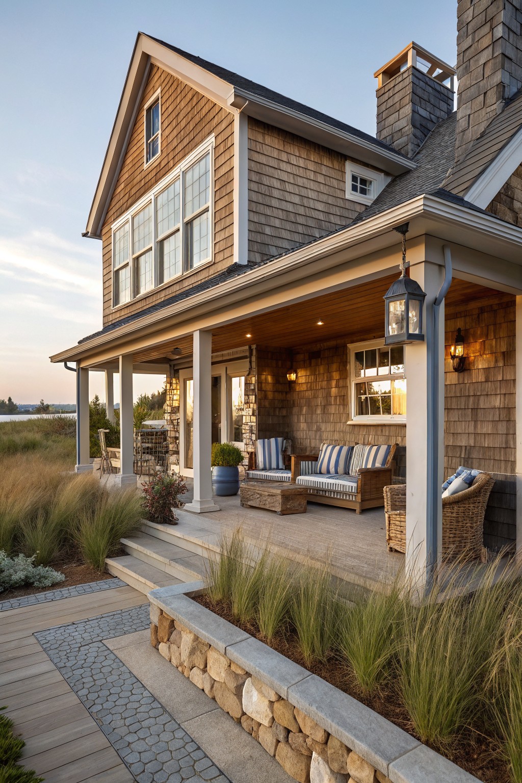 Two-story house with horizontal cedar shingle siding in warm brown tones, white trim, wraparound porch with furniture, stone retaining wall, and tall grasses in the foreground at sunset.