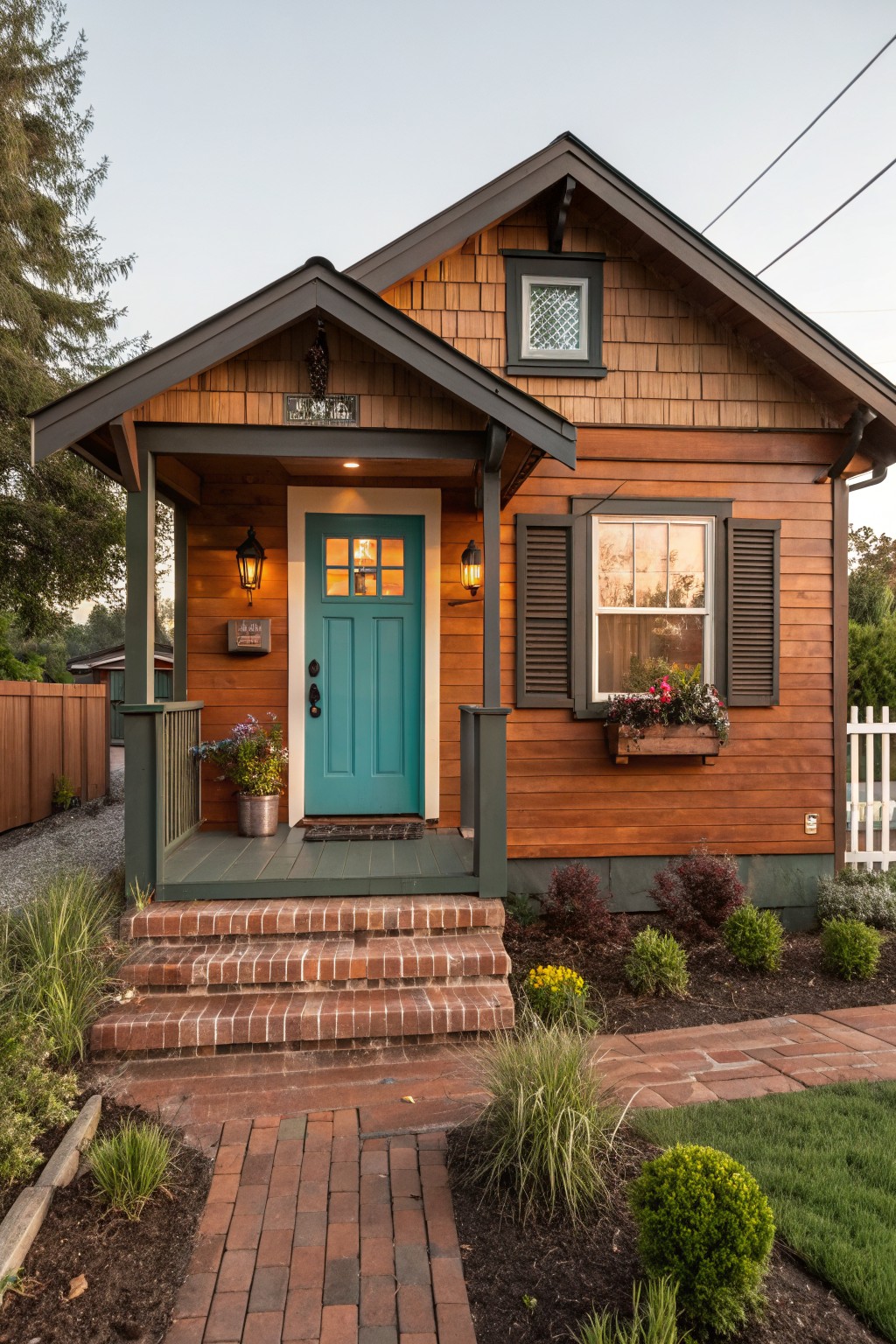 Small brown wood shingle and horizontal siding house with gabled roof, turquoise front door, covered porch, flower boxes, and gravel landscaping.