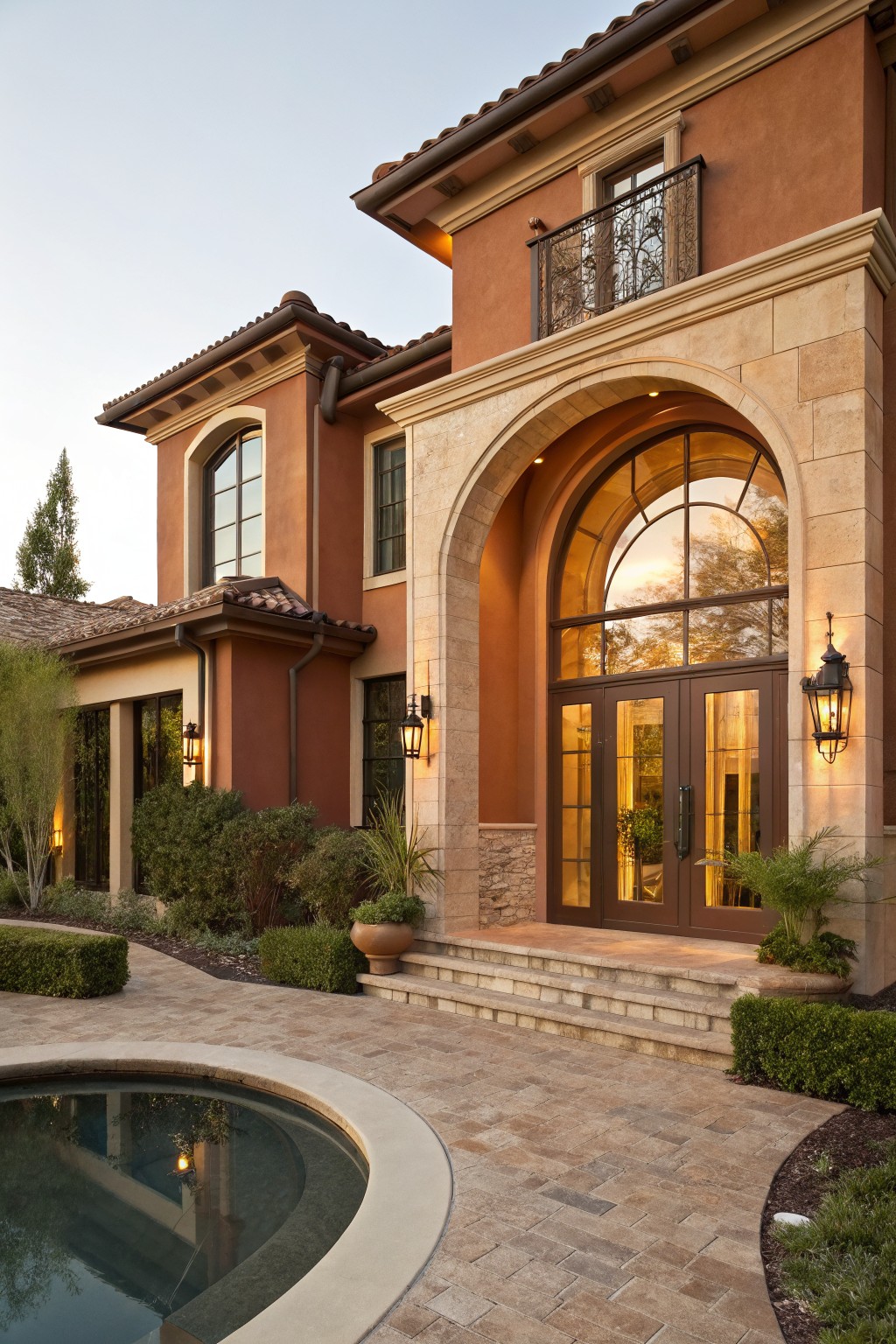 Brown stucco two-story house exterior with large arched beige stone entryway, double wood doors, metal lanterns, arched windows, tile roof, plants, and circular pool nearby on stone pavers.