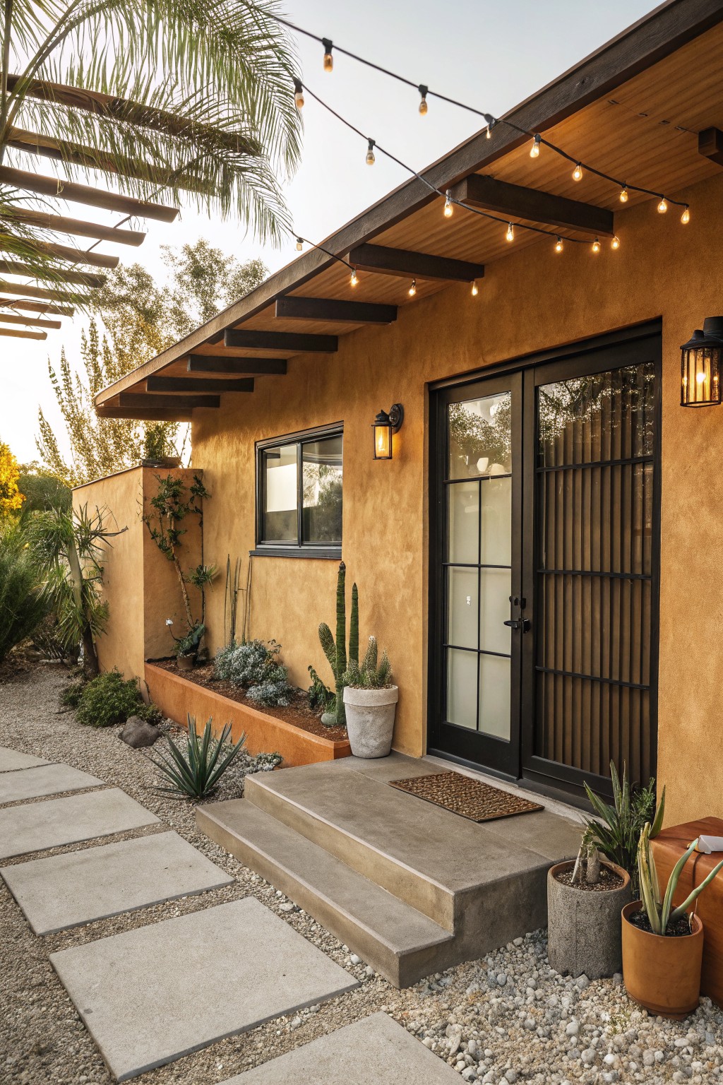 Brown stucco house exterior with black metal-framed glass doors and window, concrete entry steps, potted succulents, gravel ground cover, stone path, and string lights along the roofline and pergola.