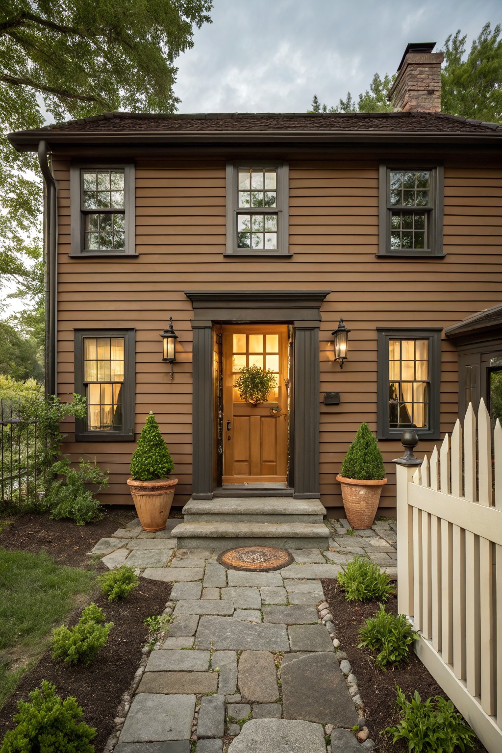Front view of a two-story house with brown clapboard siding, black trim on multipane windows and door, wooden entry door with lanterns and wreath, stone pathway, potted plants, boxwoods, and white picket fence.