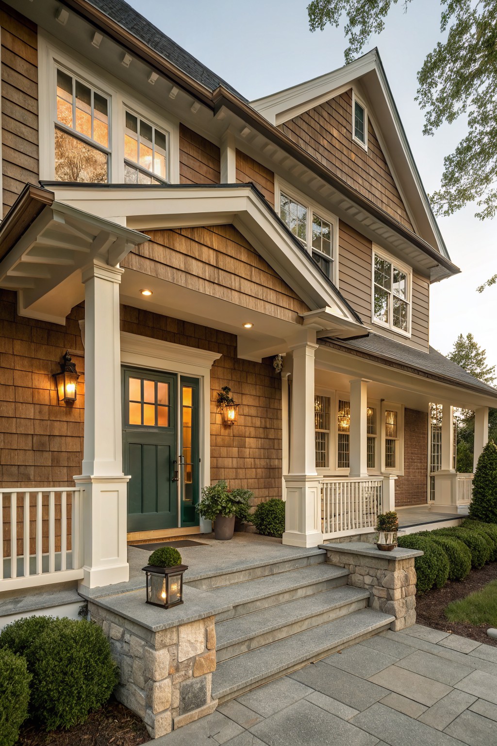 Front exterior of a two-story house with brown shingle siding, white-trimmed covered porch, green door, stone steps, lanterns, and boxwood shrubs.