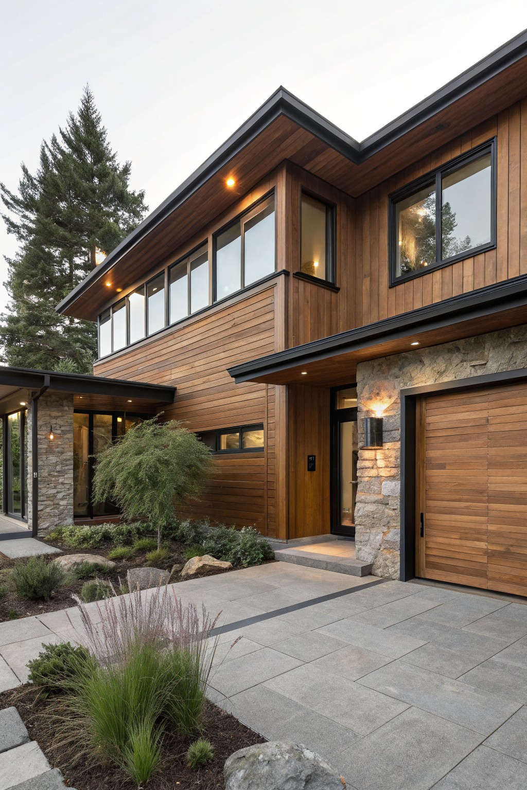 Modern two-story house exterior with horizontal warm-toned wood siding, black-framed windows, stone accents at the entry and garage door, surrounded by paver walkway, grasses, rocks, and trees.