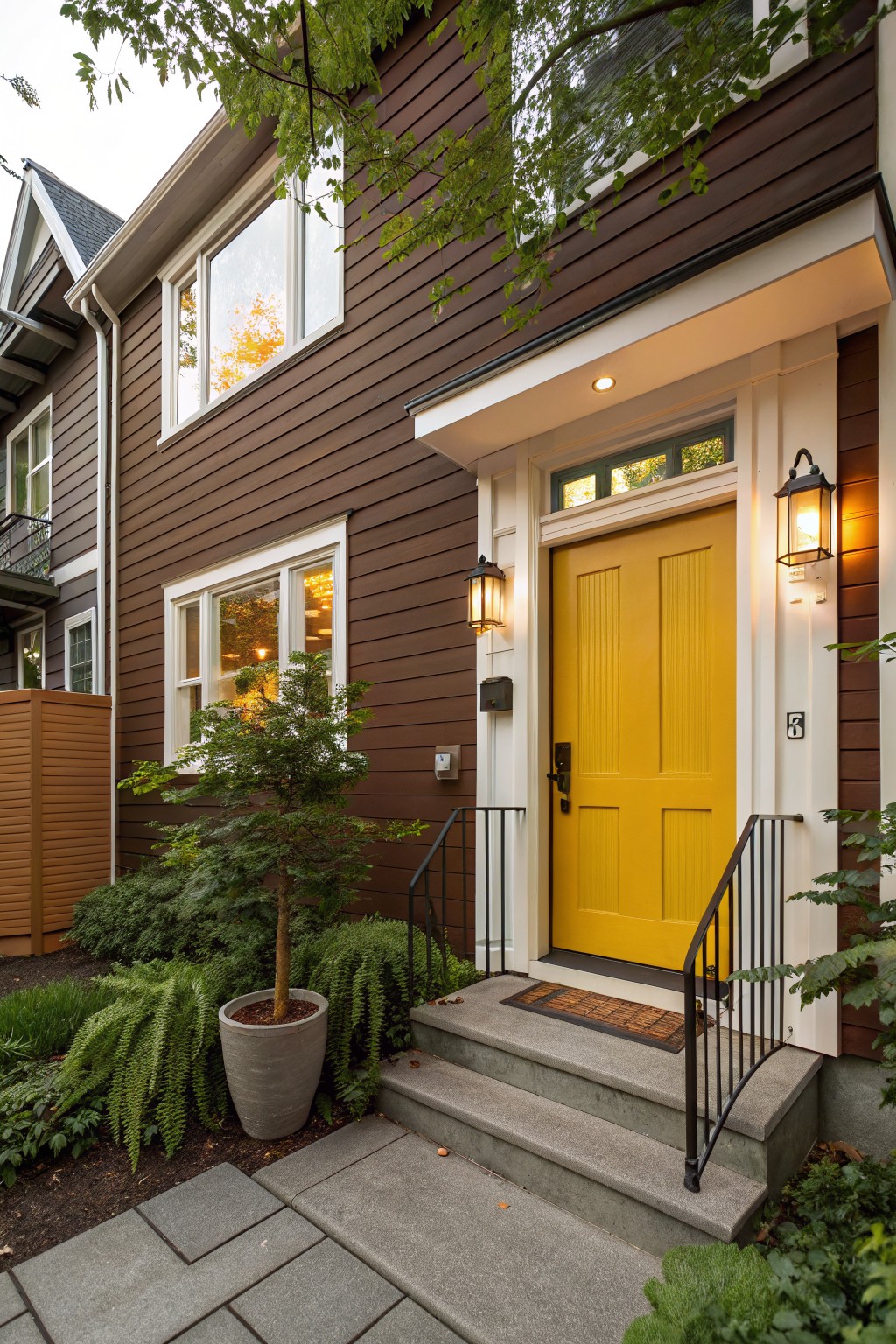 Two-story house with dark brown horizontal siding, bright yellow paneled front door, black lanterns, metal railing on concrete steps, and low plants in the front garden bed.