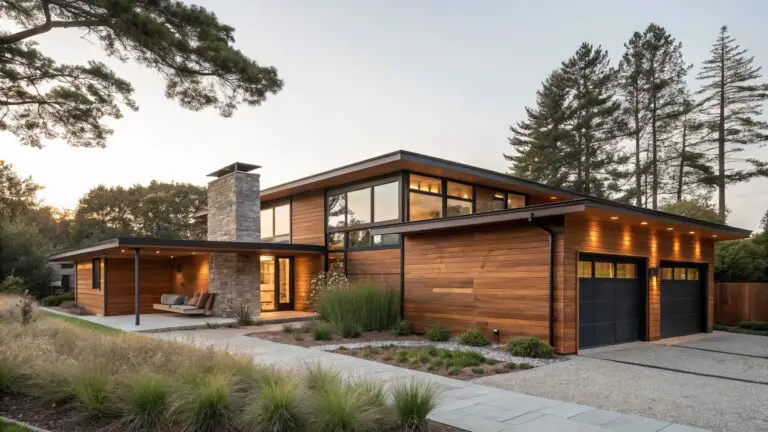 Modern single-story house exterior with warm brown vertical wood siding, black metal-framed windows and garage door, stone chimney, wood deck with chairs, gravel path, ornamental grasses, and oak trees under a partly cloudy sky.