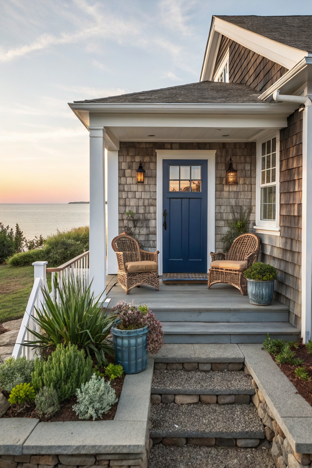 Shingle-clad house exterior with navy blue front door, white porch columns, two wicker chairs, potted plants, stone steps, and ocean backdrop at sunset.