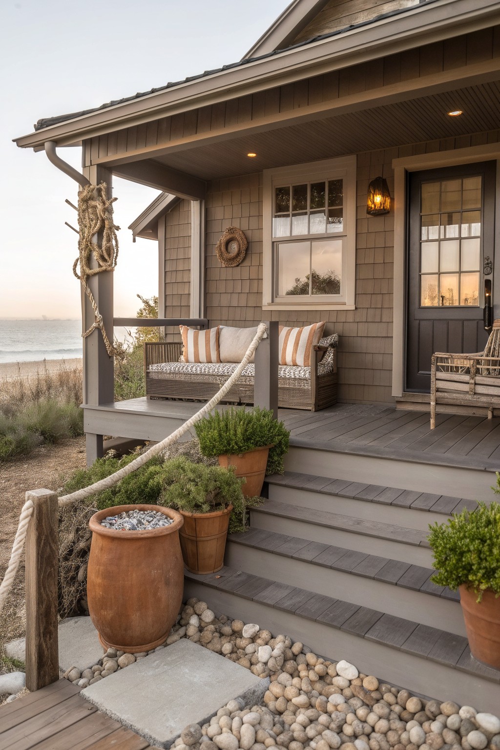 Front porch and entry of a shingle-clad house in gray-brown tones with rope-wrapped posts, cushioned bench, wicker chair, potted plants, and pebble ground cover near the beach at dusk.