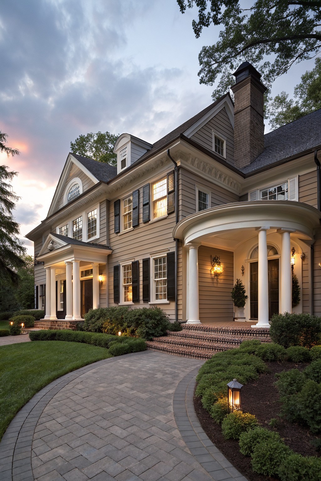 Two-story house exterior with taupe shingle siding, white columns supporting a curved portico and pedimented entry, black shutters on multi-pane windows, brick steps, and low landscaping along a curved paver pathway at dusk.