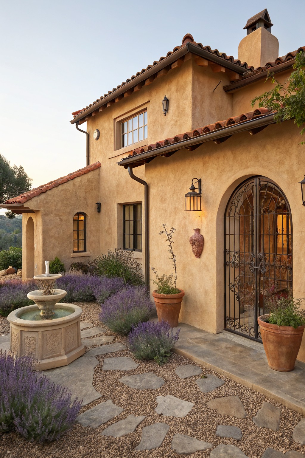 Beige stucco house exterior with terracotta tile roof, arched wrought-iron gate entryway, stone fountain, lavender plants, potted greenery, and gravel stone pathway in a front courtyard.