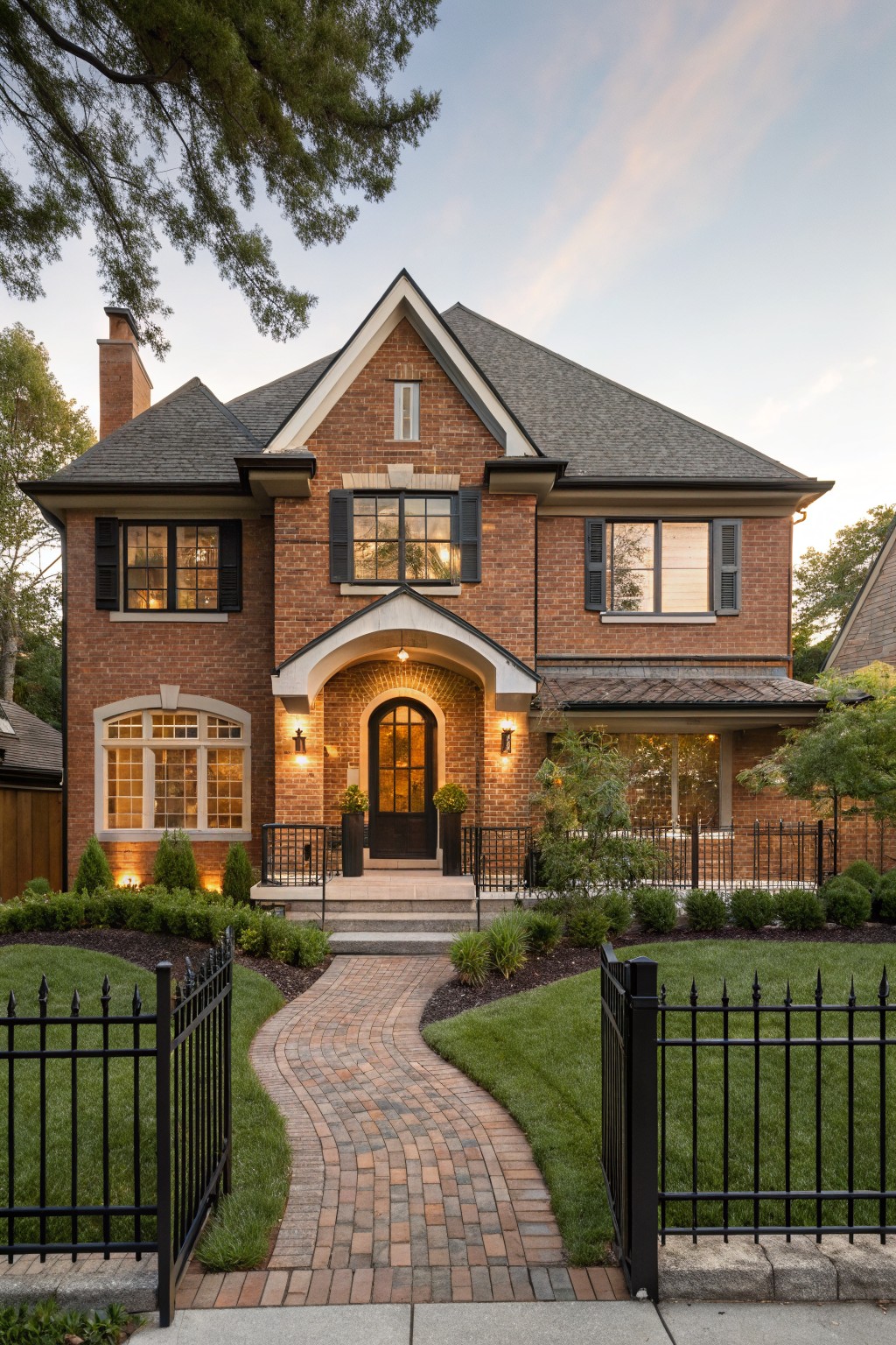 Two-story house exterior with warm brown brick walls, black shutters on multi-pane windows, arched front door, gabled roof, brick pathway, black iron fence, and landscaped yard with shrubs at dusk.