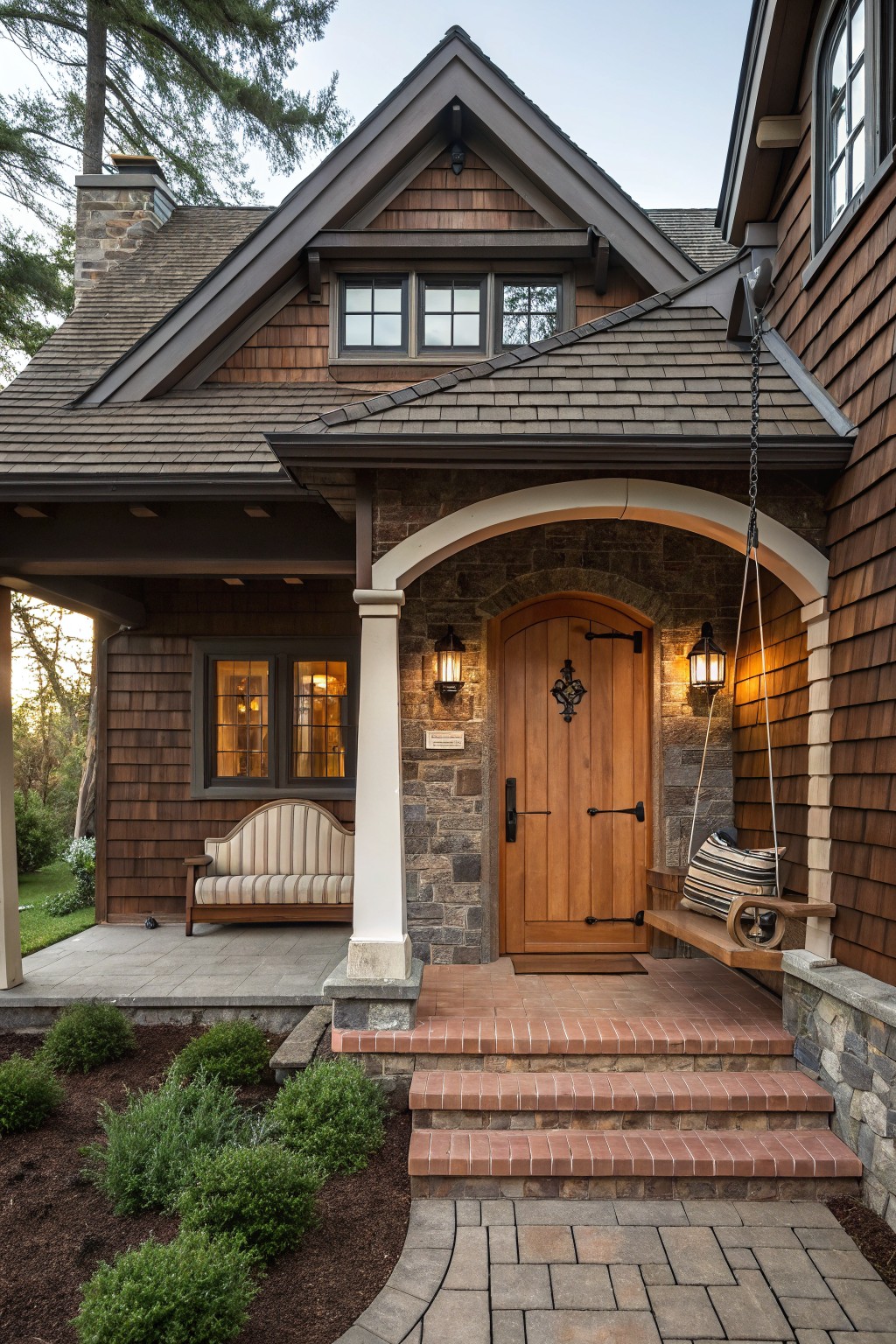 Front view of a shingle-style house with warm brown cedar shingle siding, gray stone pillars supporting an arched wooden entry door, a porch swing, brick steps, and low shrubs in the landscaping.