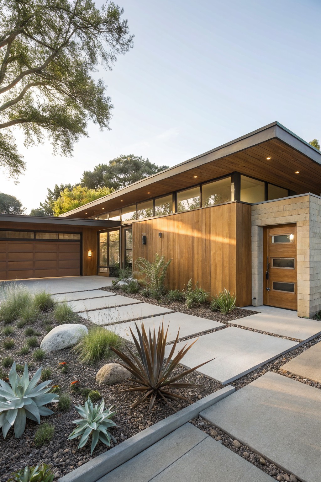 Modern single-story house exterior with horizontal warm brown wood cladding on walls, stone entry with wood door, large brown garage door, large windows, and drought-tolerant plants along concrete pavers and pathway.