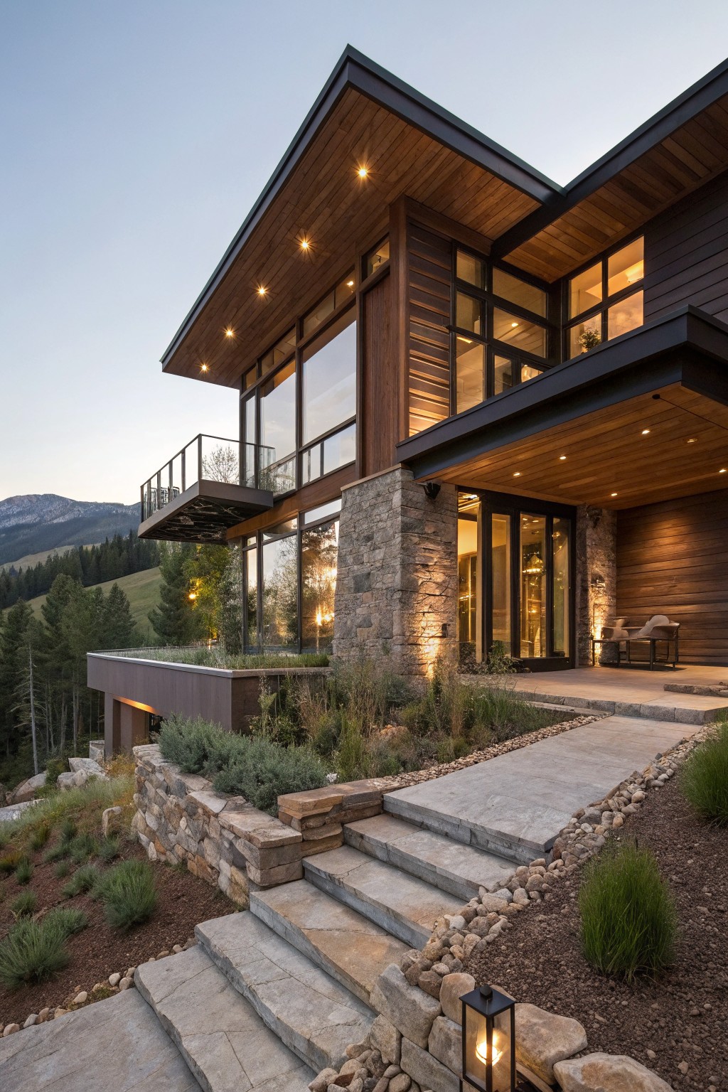 Modern mountain home exterior with dark brown vertical wood siding, stone base and accents, large glass windows and balcony, entry porch, stone steps, and surrounding landscaping on a hillside.
