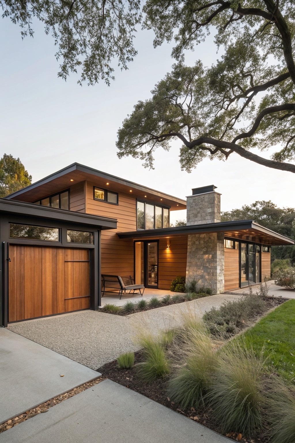 Modern single-story house exterior with warm brown vertical wood siding, black metal-framed windows and garage door, stone chimney, wood deck with chairs, gravel path, ornamental grasses, and oak trees under a partly cloudy sky.