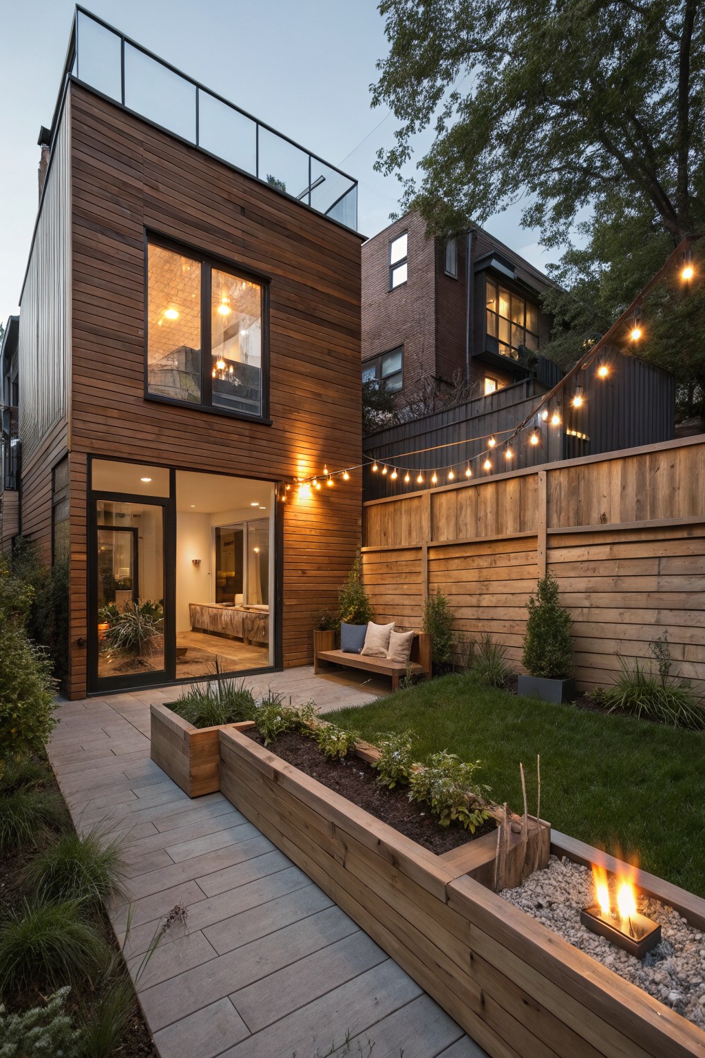 Modern cube-shaped house clad in vertical warm brown cedar wood planks with large glass windows and sliding doors opening to a backyard patio featuring a stone pathway, wooden planters with plants, a bench, grass lawn, fire pit, and string lights along a wooden fence.