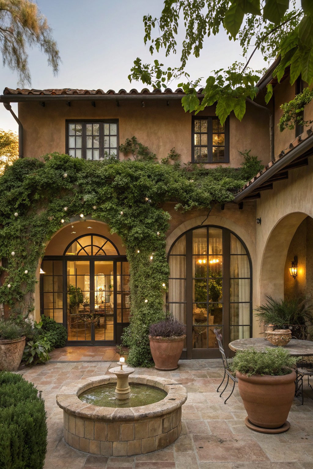 Back exterior of a two-story stucco house in warm beige-brown with terracotta roof, arched glass doors draped in green vines and string lights, a stone fountain in a tiled courtyard, potted plants, and metal outdoor furniture.