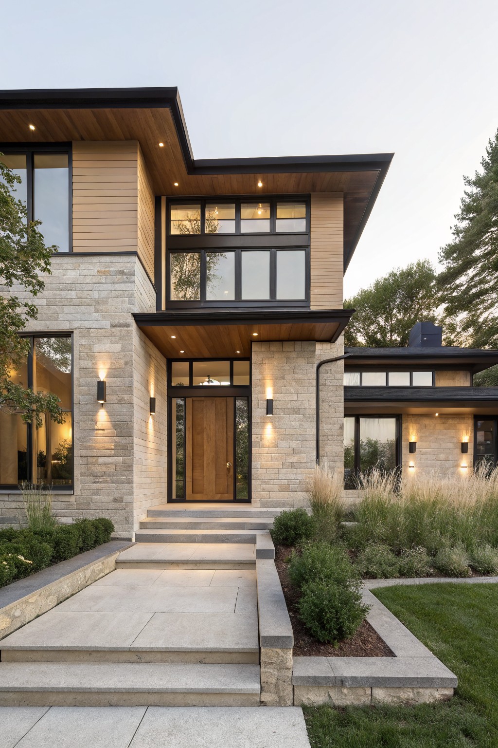 Modern two-story house exterior with light beige stone walls, horizontal wood cladding on upper sections, black metal window frames, wooden front door under a wood-ceilinged entry canopy, concrete steps, wall-mounted lights, and low shrubs with grasses in the front yard at dusk.