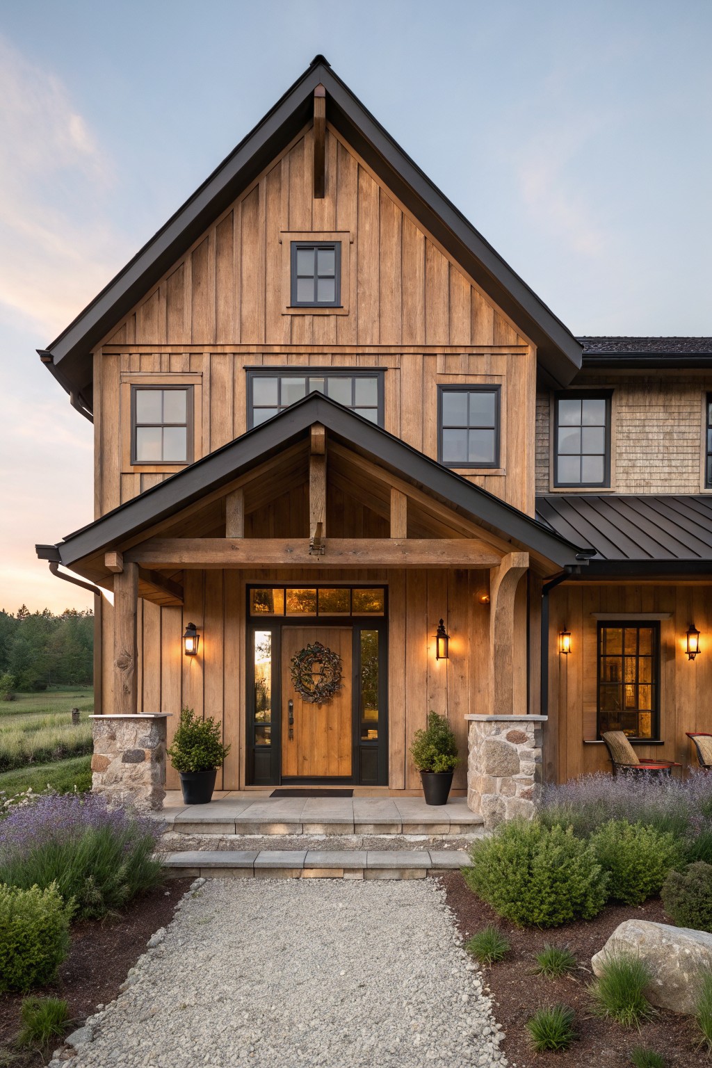 Front view of a two-story house featuring vertical warm brown wood siding, black metal roof, covered porch with timber beams, stone base accents, wooden entry door, and gravel walkway bordered by low plants.