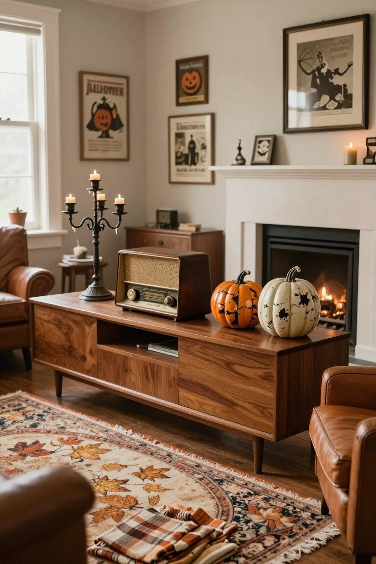 Wooden console table in a sage green living room corner holding stacked books and orange and metallic pumpkins on top and shelves, with a potted plant, side table lamp, tufted armchair with white throw blanket, and framed black line drawing of a witch on the wall.