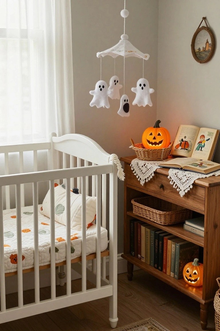Close-up view of a cushioned window seat with crocheted pillows, brass lantern on a tray, carved pumpkin, lavender bundles, books, and small table beside bookshelves under a lace-curtained window draped with cobwebs.