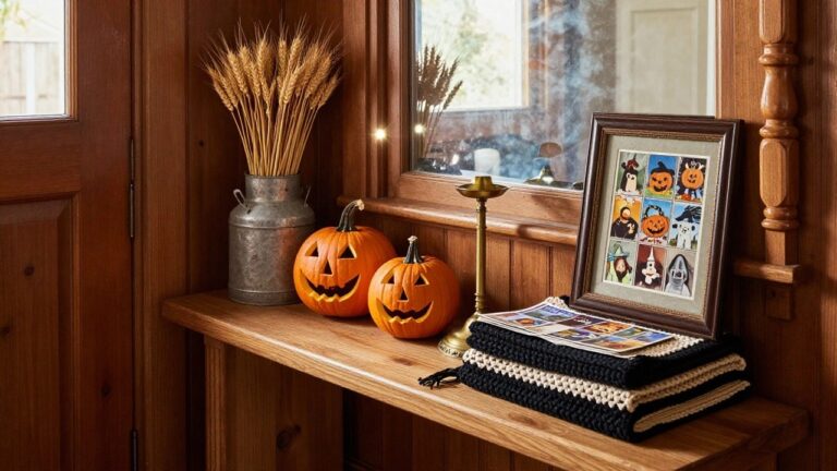 Entryway console table holding carved jack-o-lantern pumpkins, cornstalks, and small pumpkins, with candles on brass candelabras, brooms leaning nearby, hats on wall hooks, and a gold-framed mirror above.