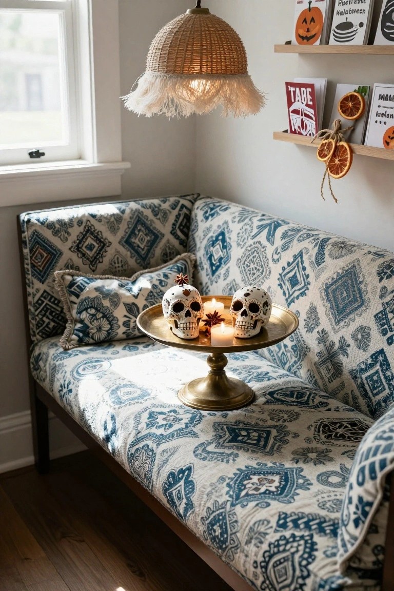 Beige shiplap-walled room corner with Halloween decorations including a galvanized metal tub filled with pumpkins on a wooden bench covered in blankets, hanging straw hats, bunting flags, and a sign.