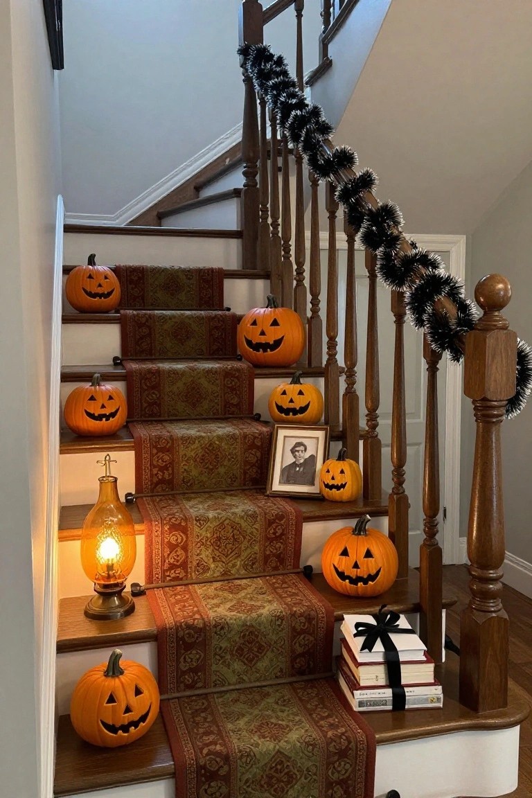Sunlit wooden dining table with small and large amber glass pumpkins arranged on a white crocheted runner, wooden chairs around it, vintage radio on windowsill nearby, plants outside window.