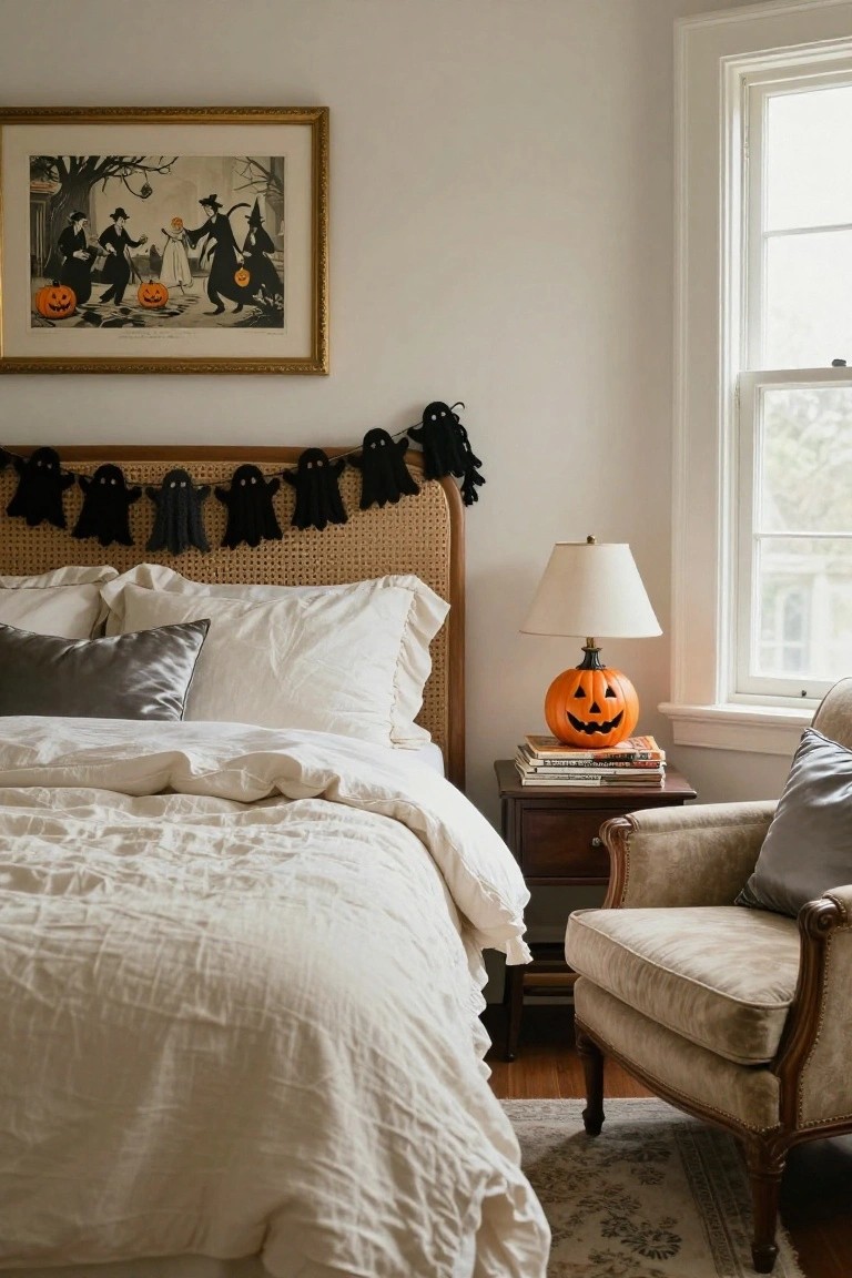 Cozy bedroom with rattan headboard bed covered in white linens and black-and-white throw, hanging white sheet ghost lampshade from ceiling, small lit jack-o-lantern pumpkin on wooden nightstand with lamp and books, wall-hung fern plant, and window with sheer curtains.