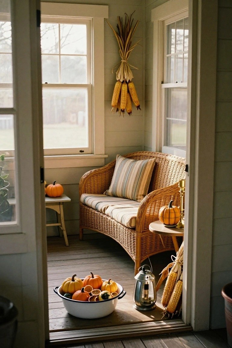 Wooden staircase in a vintage interior decorated with multiple carved jack-o'-lantern pumpkins clustered at the base, wheat sheaf garland with candle along the railing, a standing lantern, and a broom propped against the wall.