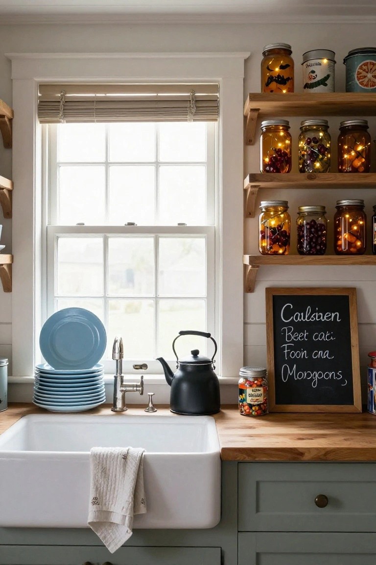 Rustic wooden kitchen island featuring a white farmhouse sink, carved orange jack-o-lantern pumpkin, small pumpkins, copper pots and ladle, plaid towels, wheat sheaf in metal pail, and orange glass candle holders in a green kitchen.
