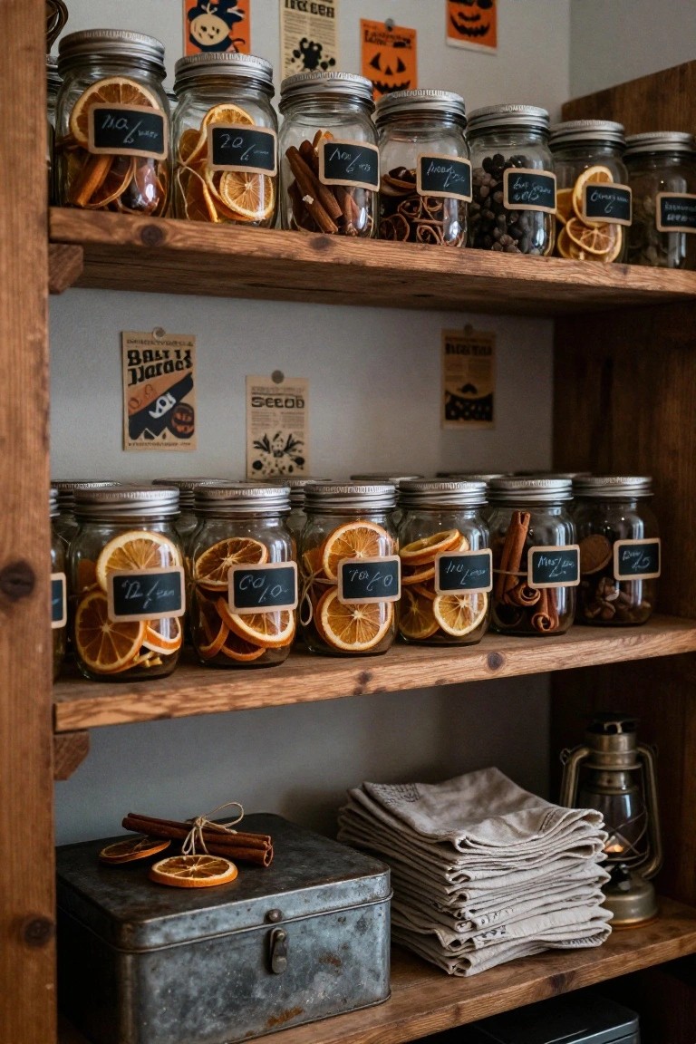 Wooden open shelves on a white wall displaying stacked blue-rimmed plates, amber glass bottles and jars filled with nuts, glowing tea light candles, a small bird figure, and a chalkboard sign.