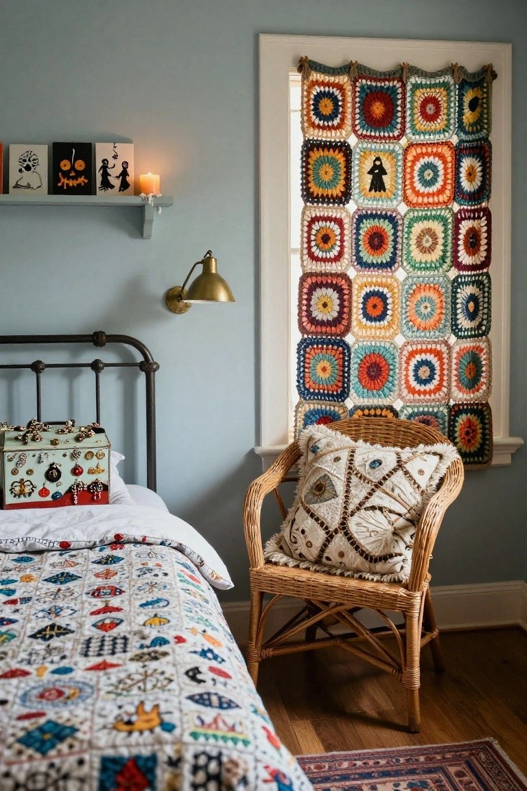 Cozy living room corner featuring a green couch with white crochet blanket draped over it, brass coffee table holding stacks of vintage Halloween magazines and a carved grinning orange pumpkin, wooden record player stand, and fringed lamp nearby.