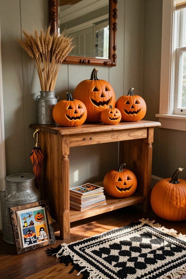 Entryway console table holding carved jack-o-lantern pumpkins, cornstalks, and small pumpkins, with candles on brass candelabras, brooms leaning nearby, hats on wall hooks, and a gold-framed mirror above.