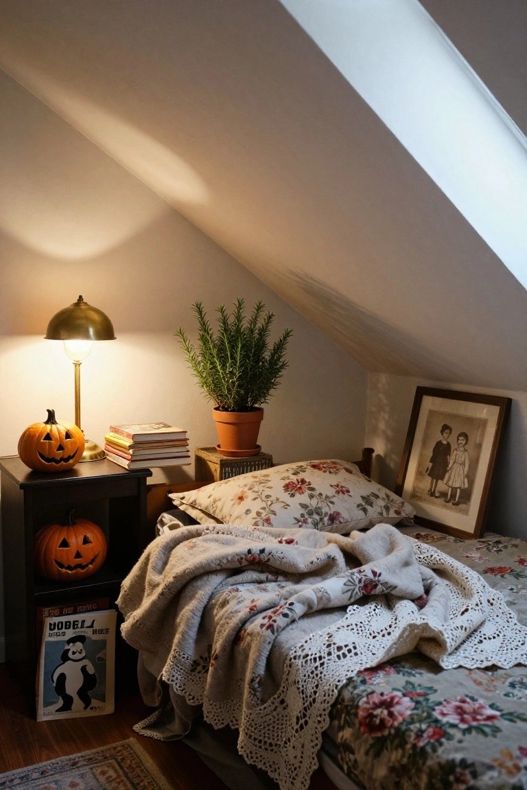 Close-up of a white wooden dresser holding a glowing orange glass pumpkin on a lace doily, dried grasses in a blue mason jar, a gold-capped perfume bottle, a gold-framed family photo, and a black hairbrush with gold handle.