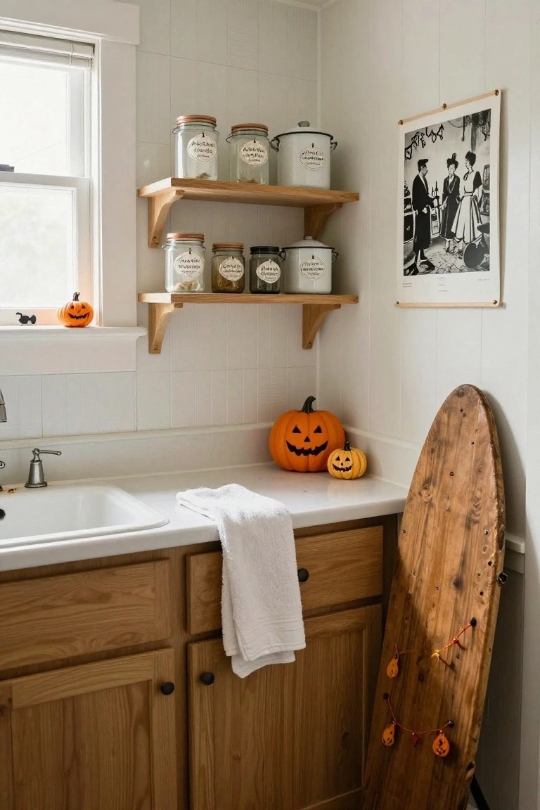 Corner of a pale green paneled room with a wooden console table holding several white skulls with painted designs, a brass candelabra with candle, botanical prints and maps on walls, and a wooden crow sculpture on the floor near an open door.