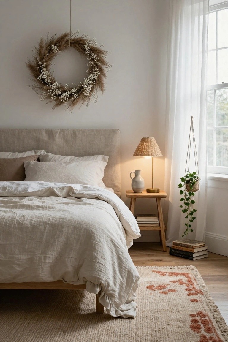 Bedroom corner with beige linen bed, wooden nightstand holding rattan lamp and white vase, stack of books, hanging ivy plant by sheer-curtained window, and large wreath of dried pampas grass and white flowers on white wall above bed.
