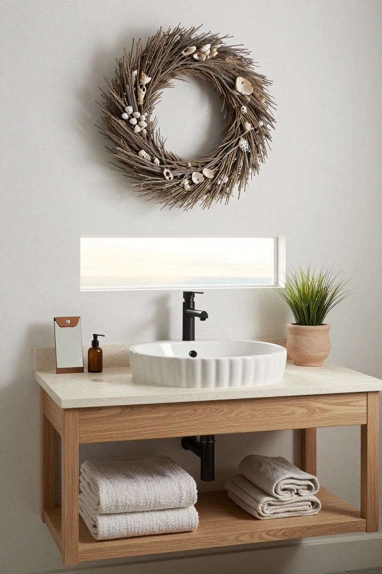Bathroom vanity in light oak with white fluted sink, black faucet, folded towels in open shelf below, potted grass plant, soap bottle, small mirror stand, and driftwood wreath with white shells on beige wall beside narrow window showing ocean view.