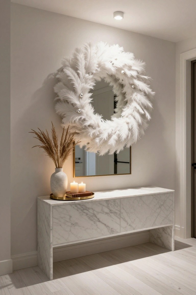 White feather Christmas wreath encircling a round gold-framed mirror on a light gray entryway wall above a white marble console table holding pampas grass in a vase, candles, and a book on a gold tray, with white oak flooring.